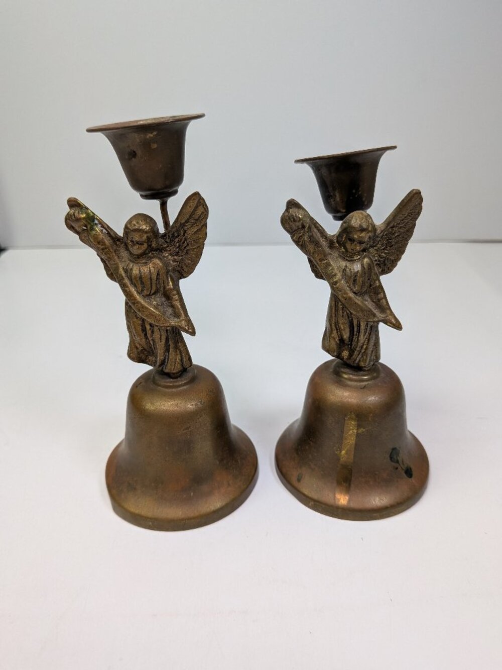VTG 1970s Brass Angel Bell Candle Holders Pair Patina Verdigris Character Decor